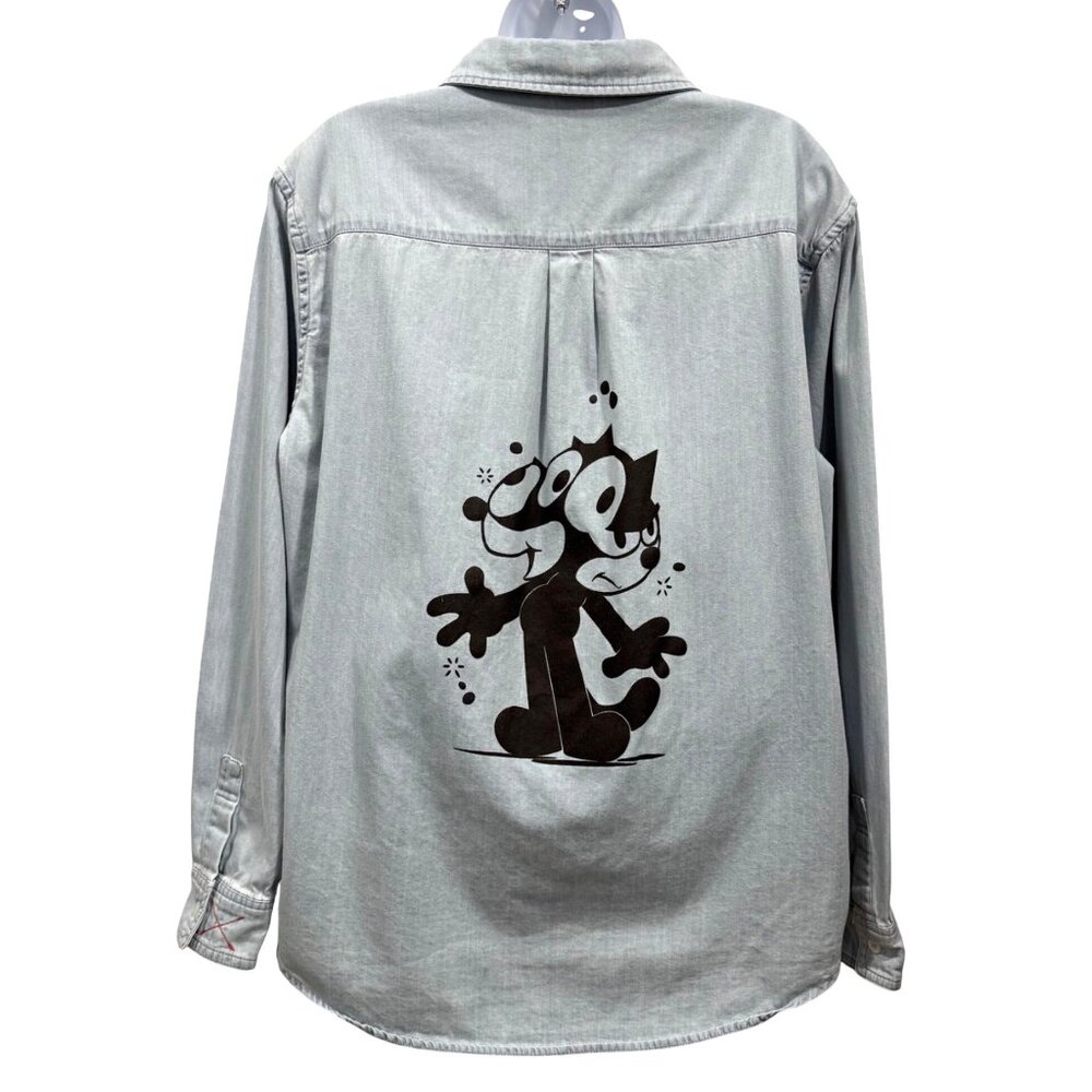 Felix the Cat Graphic Blue Denim Chambray Button Down Shirt Mens L Retro Novelty